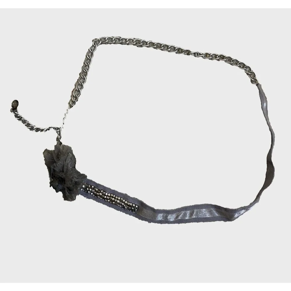Gray Fabric Belt with Rhinestones, Thin, Silver Chain Flower Accent, Adjustable